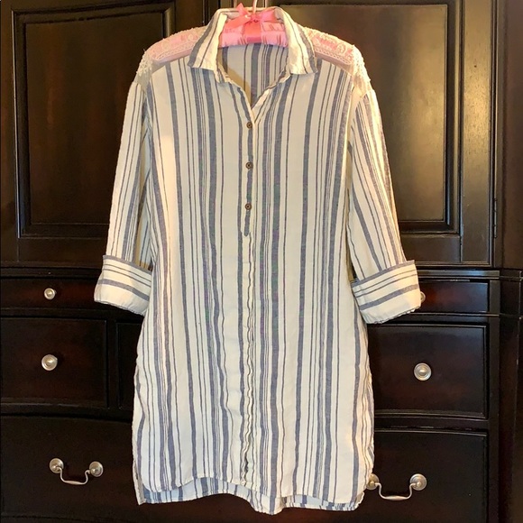 Zara Dresses & Skirts - Zara linen striped lace beaded pocket shirt dress